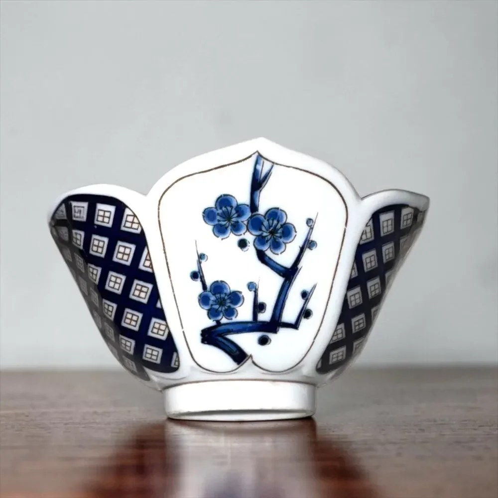 Set of 5 Blue White Porcelain Rice Bowls Floral Bamboo Geometric Scalloped Edge